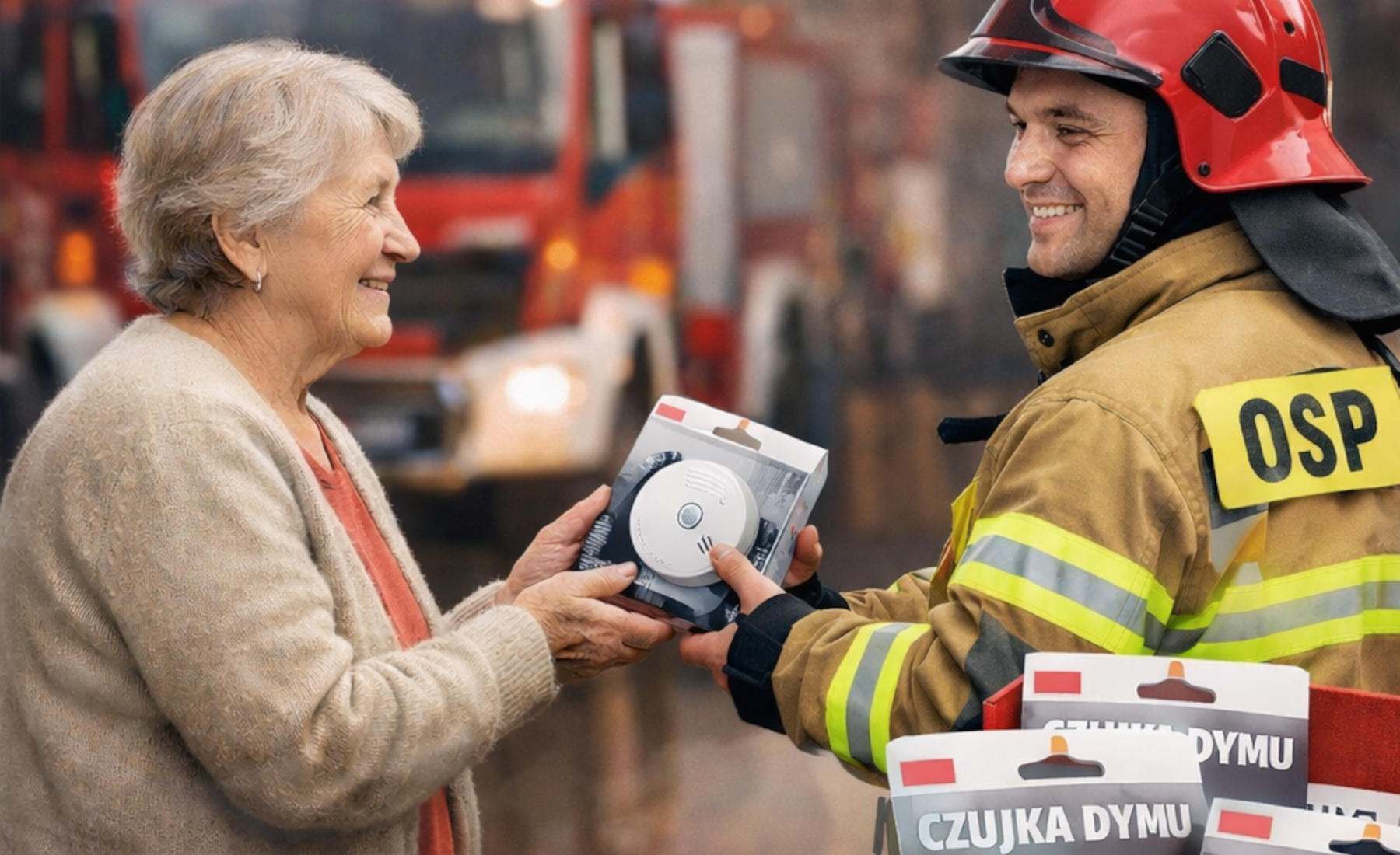 Strażak podaje czujkę starszej pani